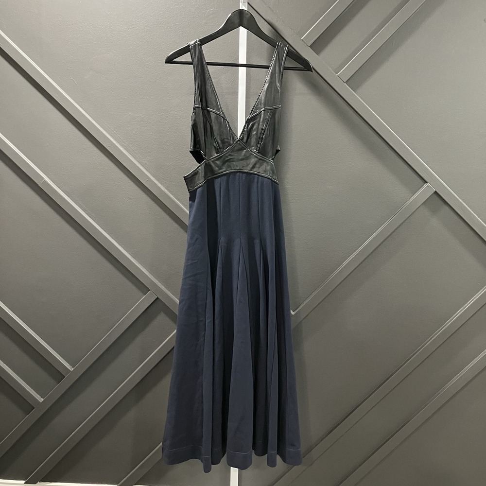 Anthropologie Faux Leather Bodice Plunge Neck Maxi Dress Navy Black Size 6